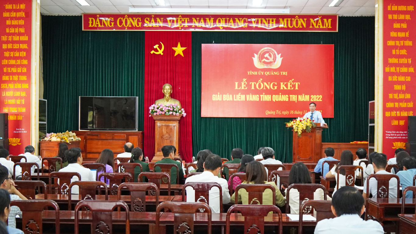 Ph&oacute; B&iacute; thư Thường trực Tỉnh ủy, Chủ tịch HĐND tỉnh Nguyễn Đăng Quang ph&aacute;t biểu tại lễ tổng kết Giải B&uacute;a liềm v&agrave;ng tỉnh Quảng Trị năm 2022 - Ảnh: Hồ Thanh 