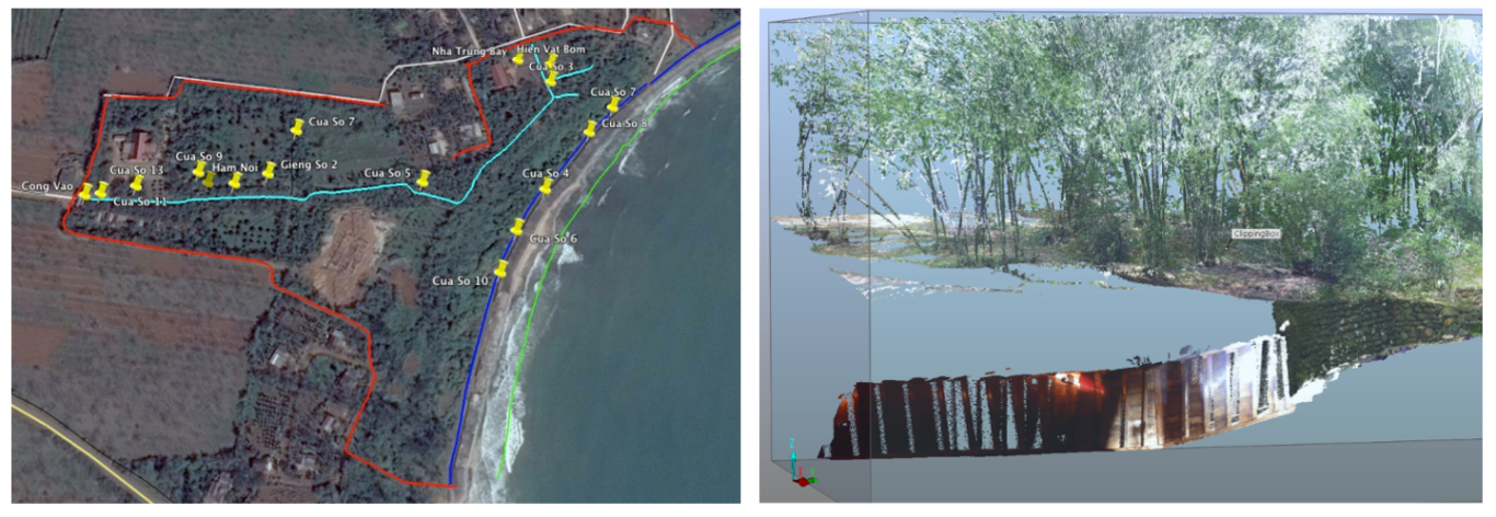 H&igrave;nh tr&aacute;i: Khu vực Địa đạo Vịnh Mốc đ&atilde; được khảo s&aacute;t thực địa v&agrave; đ&aacute;nh dấu c&aacute;c vị tr&iacute; quan trọng (Đường bao khu vực - M&agrave;u đỏ; Đường ch&iacute;nh nội bộ - M&agrave;u xanh da trời; Đường ven biển - M&agrave;u xanh). Tổng diện t&iacute;ch khu vực khoảng 55 ha. H&igrave;nh phải: M&ocirc; h&igrave;nh qu&eacute;t thử nghiệm đ&aacute;nh gi&aacute; khả năng tại Cửa số 3 Địa đạo Vịnh Mốc. Tr&ecirc;n m&ocirc; h&igrave;nh 3D thể hiện r&otilde; n&eacute;t mặt đất, rặng tre, cửa hầm v&agrave; một phần tầng hầm sau Cửa số 3 với c&aacute;c v&aacute;n gỗ gh&eacute;p gia cố v&aacute;ch hầm.