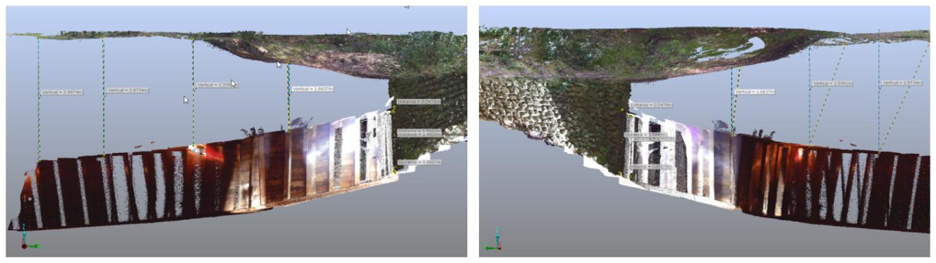 Đo đạc trực tiếp tr&ecirc;n m&ocirc; h&igrave;nh 3D khu vực Cửa số 3 để x&aacute;c định độ s&acirc;u t&iacute;nh từ mặt đất tới n&oacute;c hầm. C&aacute;c số liệu đo hiển thị trực tiếp tr&ecirc;n m&ocirc; h&igrave;nh hoặc tr&ecirc;n c&aacute;c bản vẽ CAD 2D