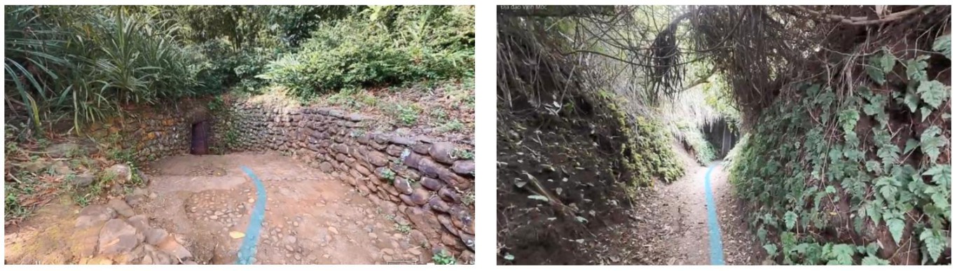 H&igrave;nh tr&aacute;i: M&ocirc; h&igrave;nh 3D một cửa hầm v&agrave;o * H&igrave;nh phải: M&ocirc; h&igrave;nh 3D đường xuống tầng 2