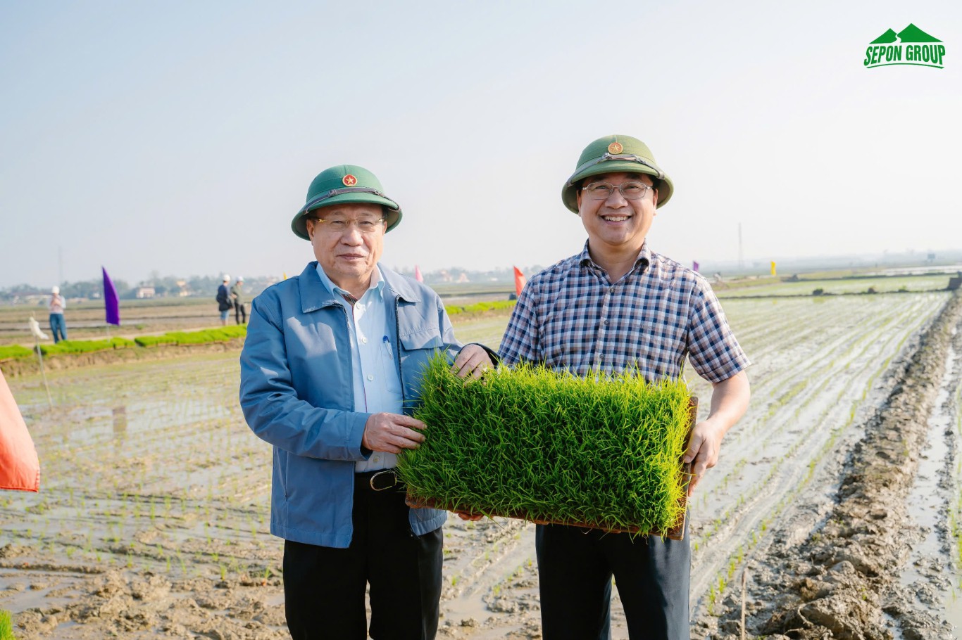 Quyền Chủ tịch UBND tỉnh Quảng Trị Hà Sỹ Đồng (bên trái) cùng Chủ tịch HĐQT Sepon Group Hồ Xuân Hiếu kiểm tra cánh đồng lúa hữu cơ trong vụ gieo cấy đông xuân 2025 - Ảnh: TL