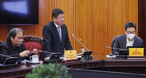 B&iacute; thư Đảng đo&agrave;n, Chủ tịch Li&ecirc;n hiệp c&aacute;c Hội Văn học nghệ thuật Việt Nam Đỗ Hồng Qu&acirc;n ph&aacute;t biểu. Ảnh: Dương Giang/TTXVN